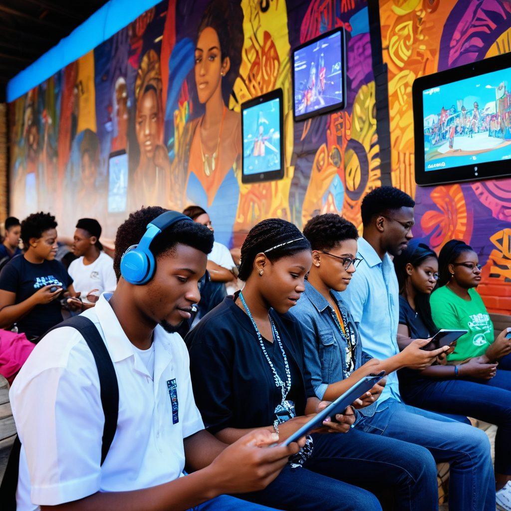 A vibrant community gathering in Alief, showcasing diverse individuals passionately sharing stories through digital devices like tablets and smartphones. Emphasize the glowing screens reflecting their expressive faces, with a backdrop of colorful murals depicting cultural heritage. Include elements of technology and creativity intertwined, capturing the essence of digital storytelling. super-realistic. vibrant colors. 3D.