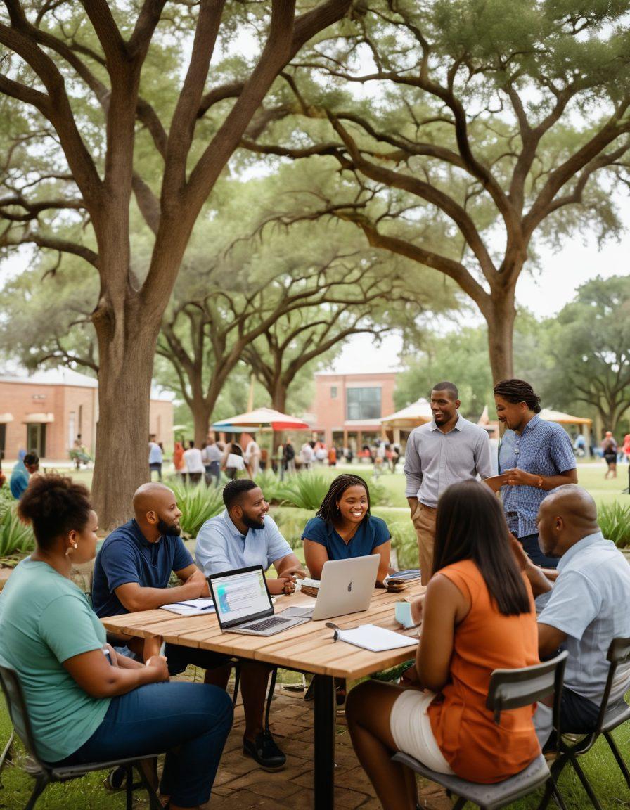 A diverse group of people engaging in a lively outdoor discussion, surrounded by lush greenery symbolizing community in Alief. The scene includes individuals of various ages and backgrounds, sharing ideas with laptops and notepads, radiating warmth and camaraderie. In the background, a subtle depiction of iconic Alief landmarks can be included. The mood is vibrant and inviting, highlighting the power of blogging to foster connections. super-realistic. vivid colors. 3D.